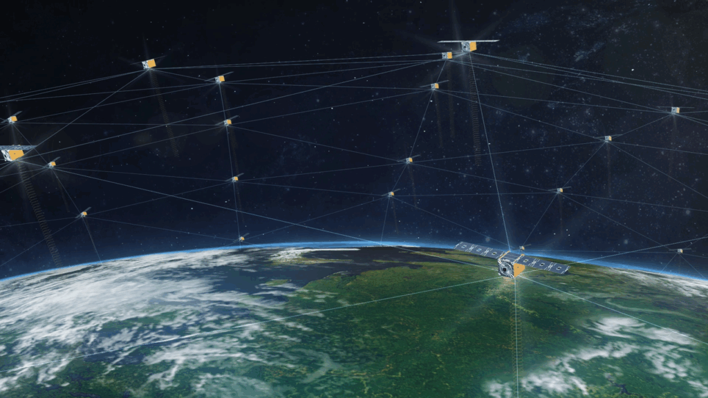 Rendering of Startical satellites sitting above the atmosphere, connected with lines in a grid.