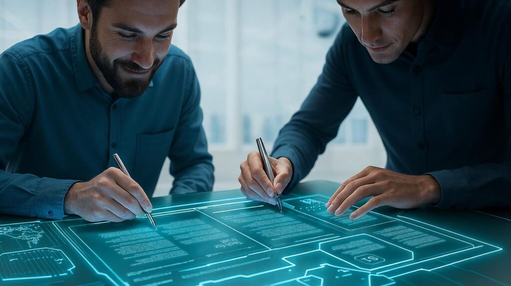 Two men with stylus' write on a futuristic glowing teal screen.